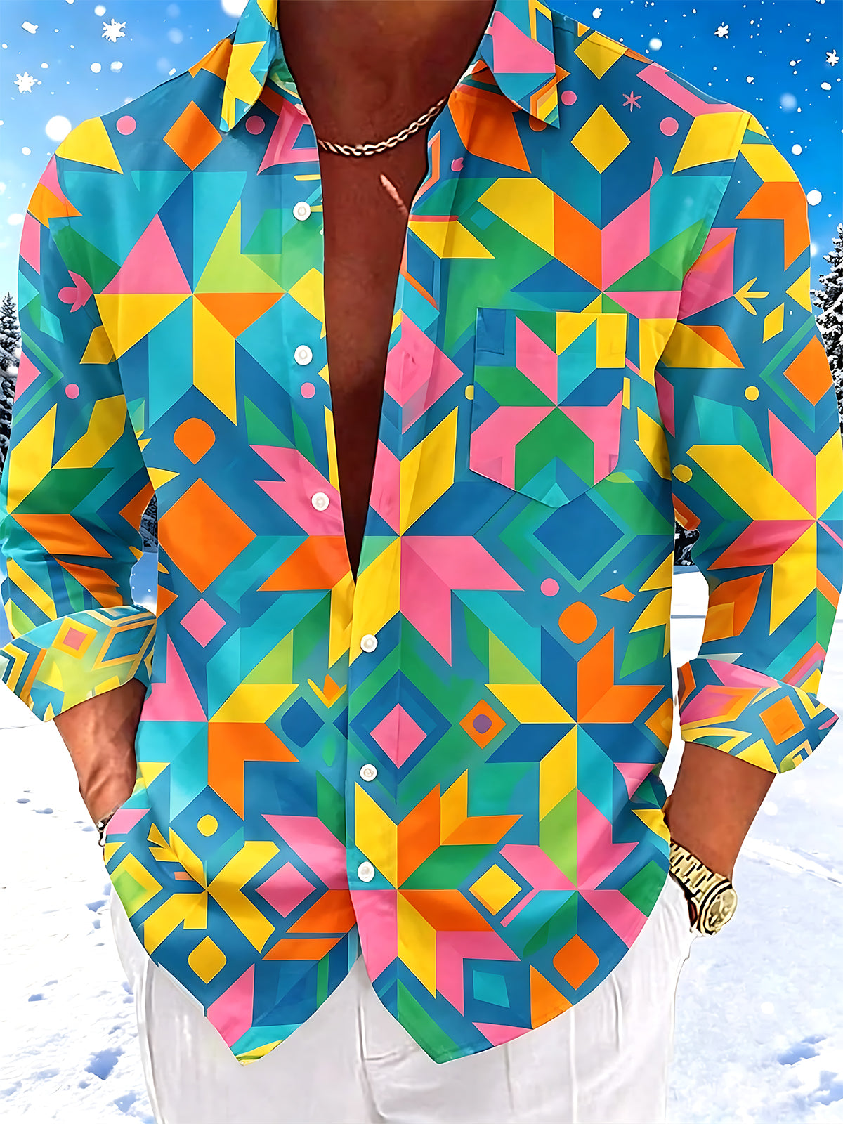 Oceanlyte Men's Printed Colorful Geometric Shapes Print Long Sleeve Shirt with Chest Pocket
