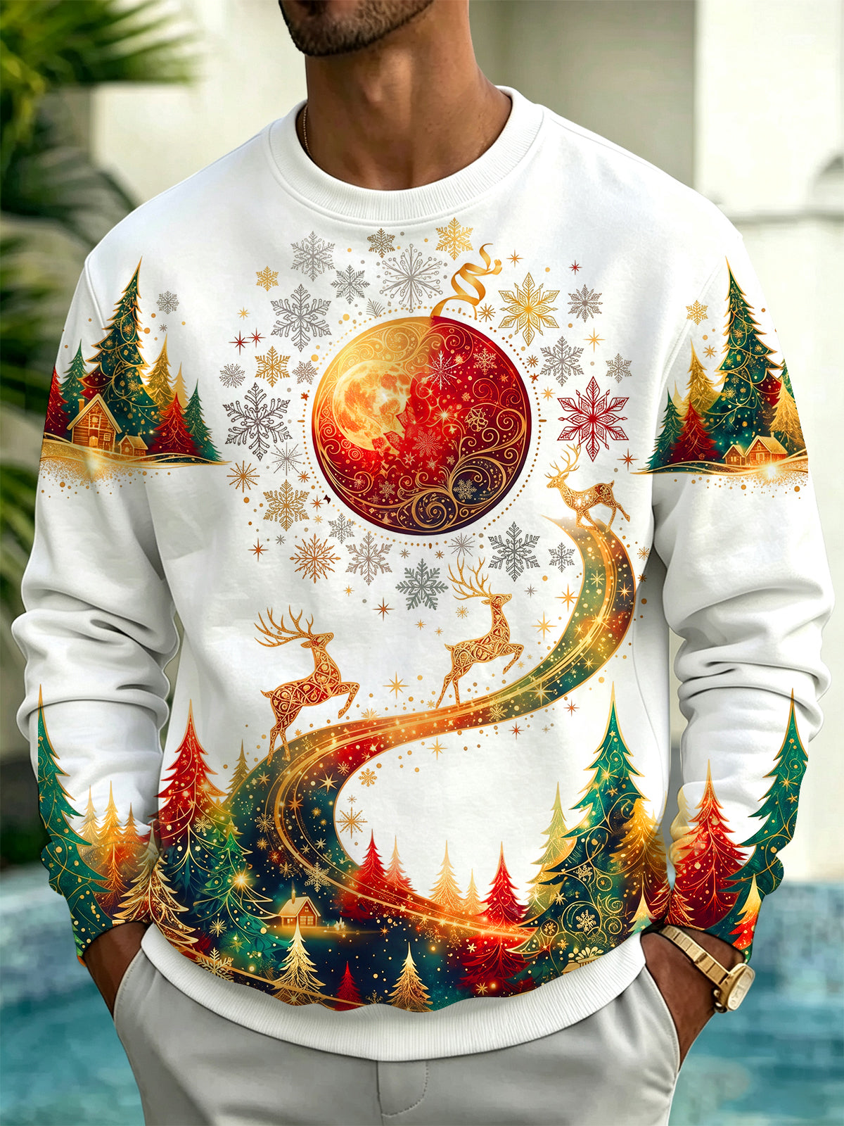 Oceanlyte Men's Long Sleeve Hoodie - Reindeer And Christmas Forest With Snowflakes Print