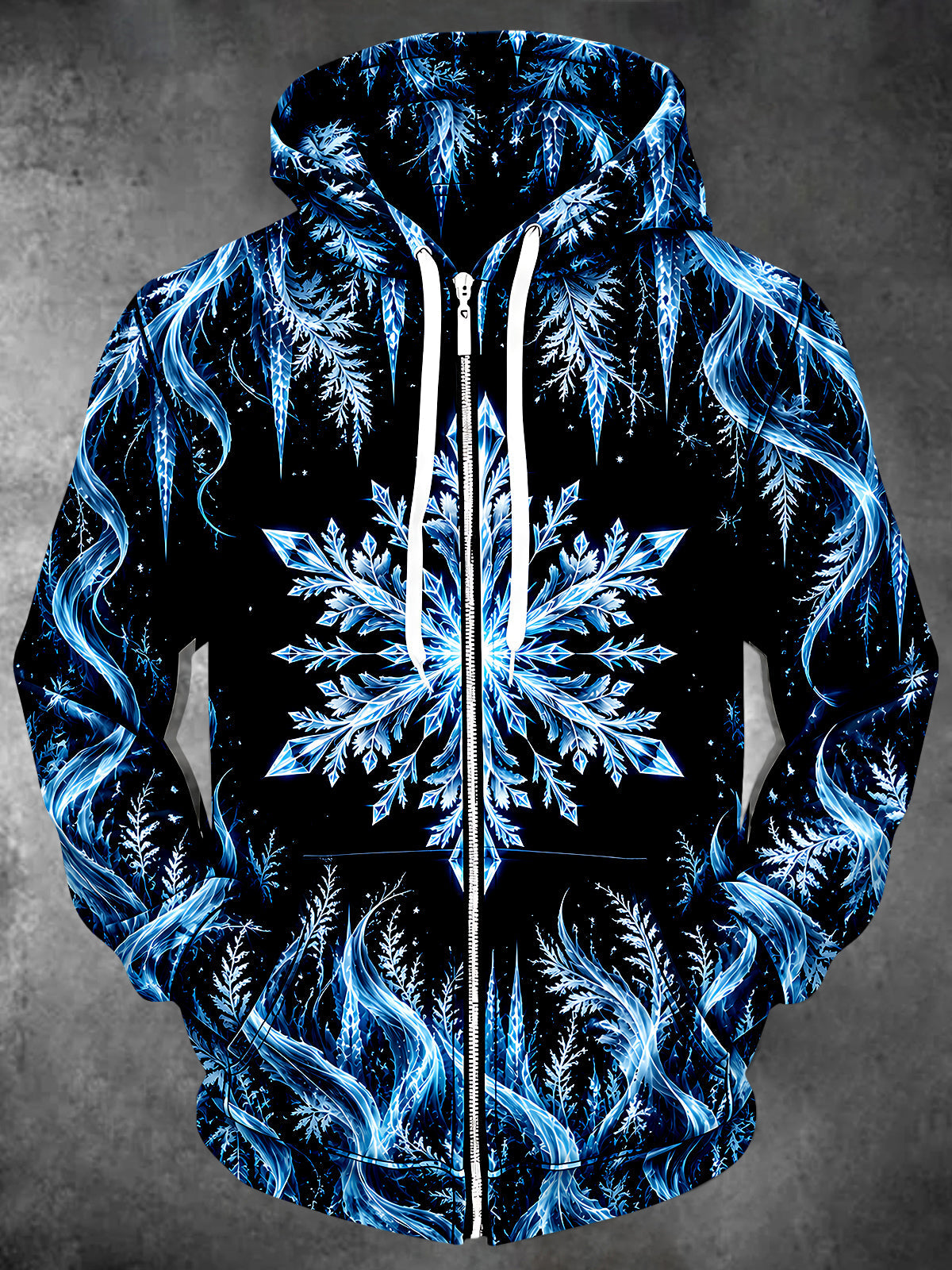 Oceanlyte Men's Blue Snowflakes And Ice Crystals Print Long Sleeve Zip-Up Hoodie