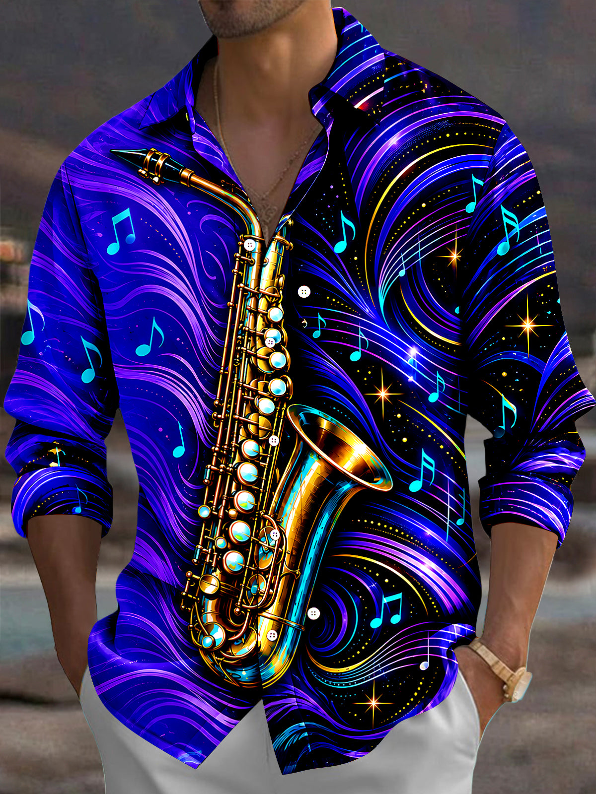 Oceanlyte Men's Graphic Saxophone And Musical Notes Print Long Sleeve Shirt with Chest Pocket