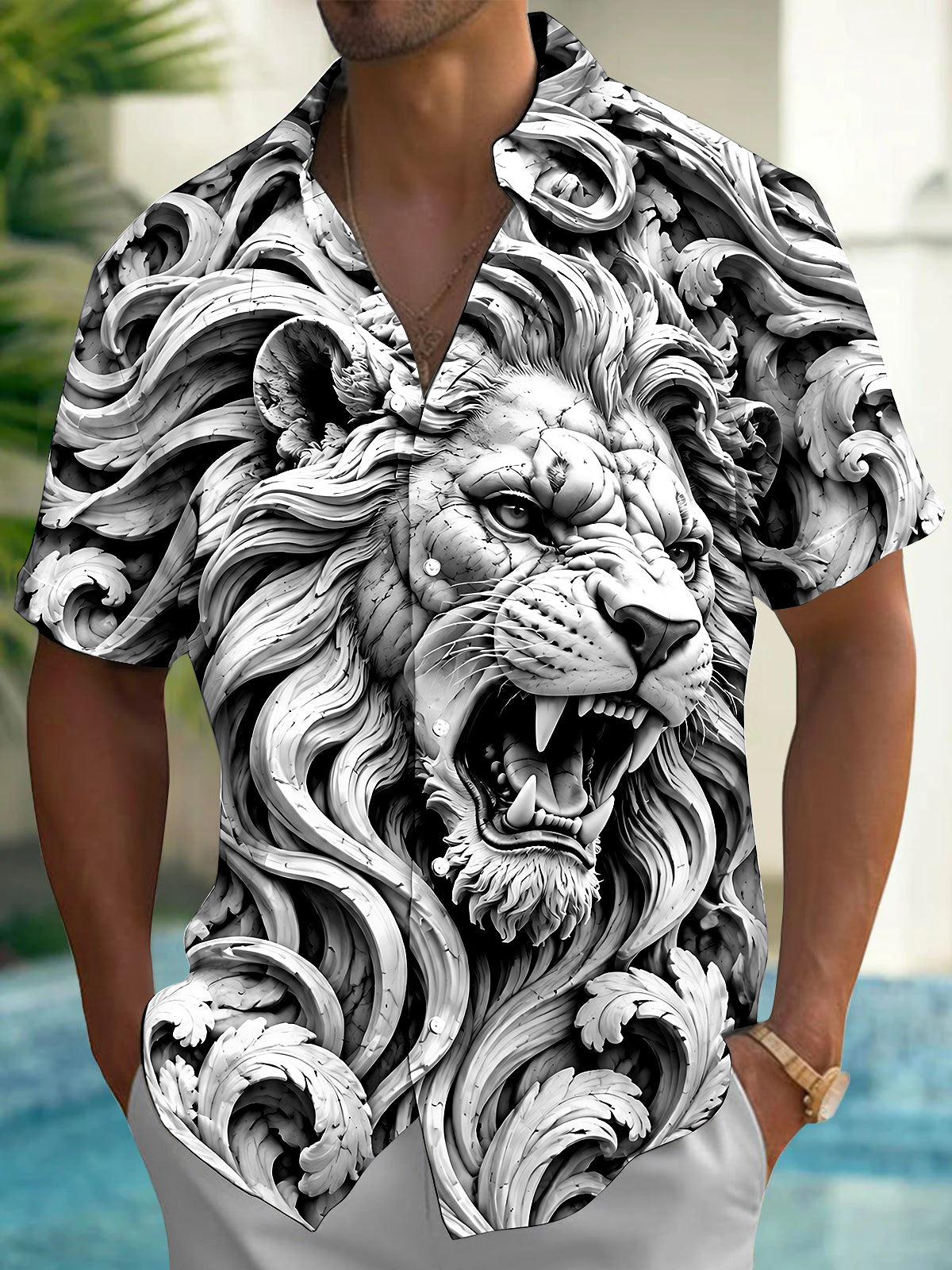 Oceanlyte Men's Graphic 3D Carved Lion Head Print Short Sleeve Shirt with Chest Pocket