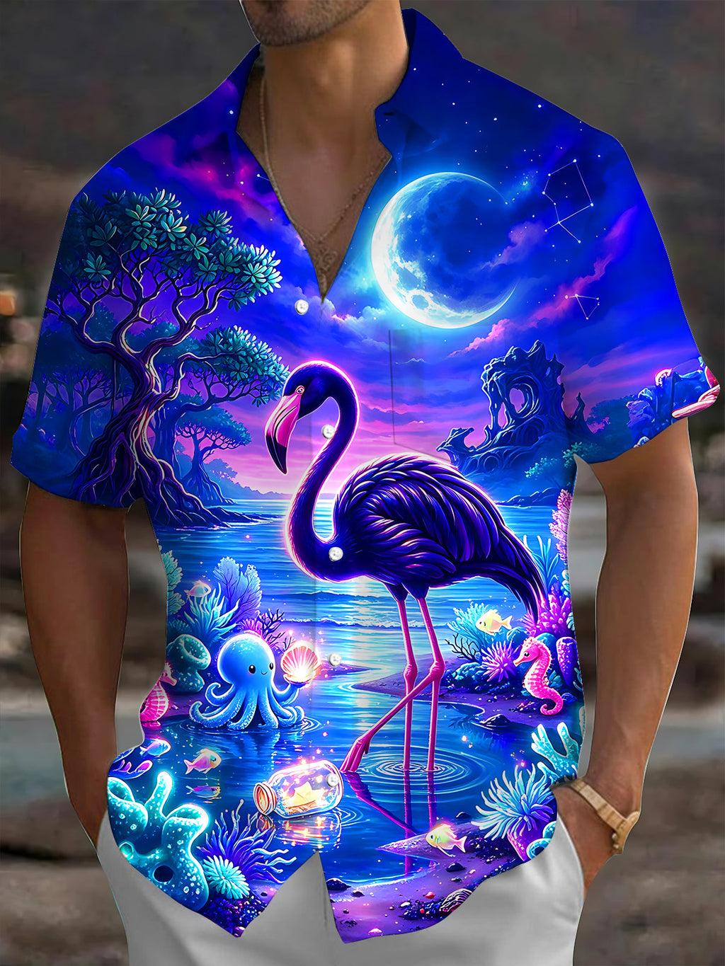 Oceanlyte Men's Short Sleeve Shirt - Purple Flamingo And Underwater Fantasy Scene Print with Chest Pocket