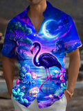 Oceanlyte Men's Short Sleeve Shirt - Purple Flamingo And Underwater Fantasy Scene Print with Chest Pocket