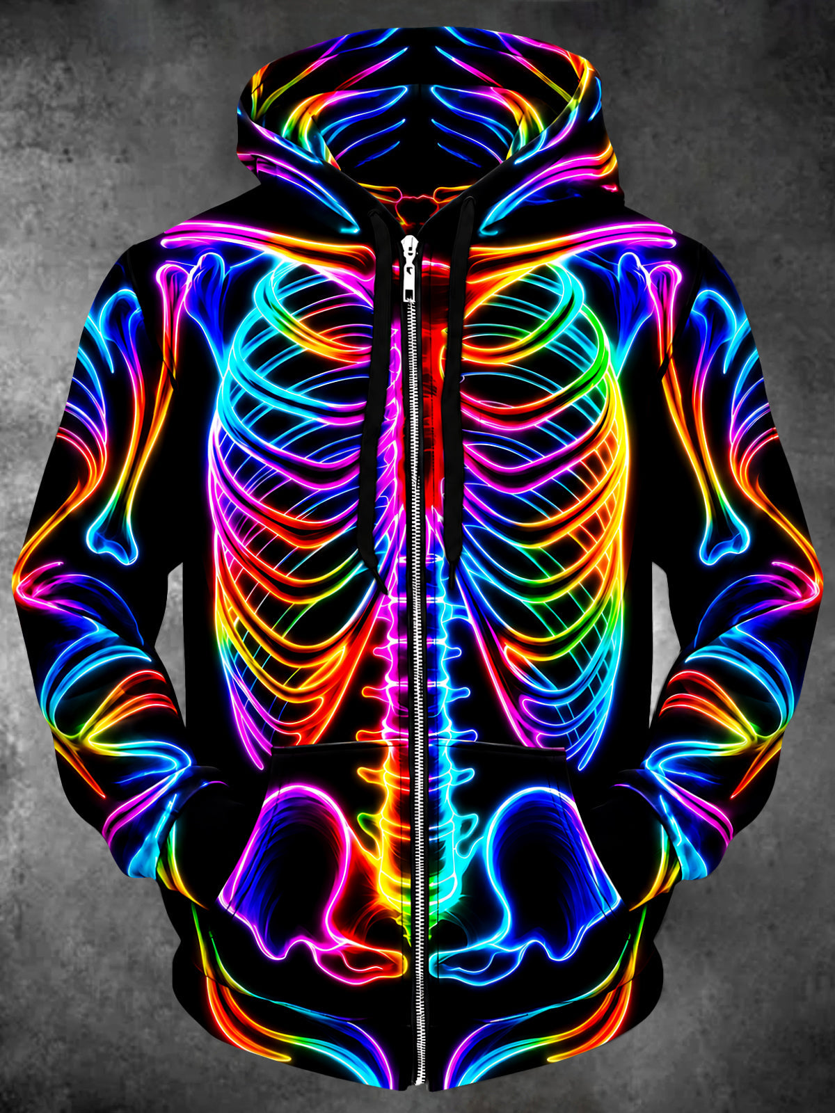 Oceanlyte Men's Graphic Neon Rainbow Skeleton Print Long Sleeve Zip-Up Hoodie