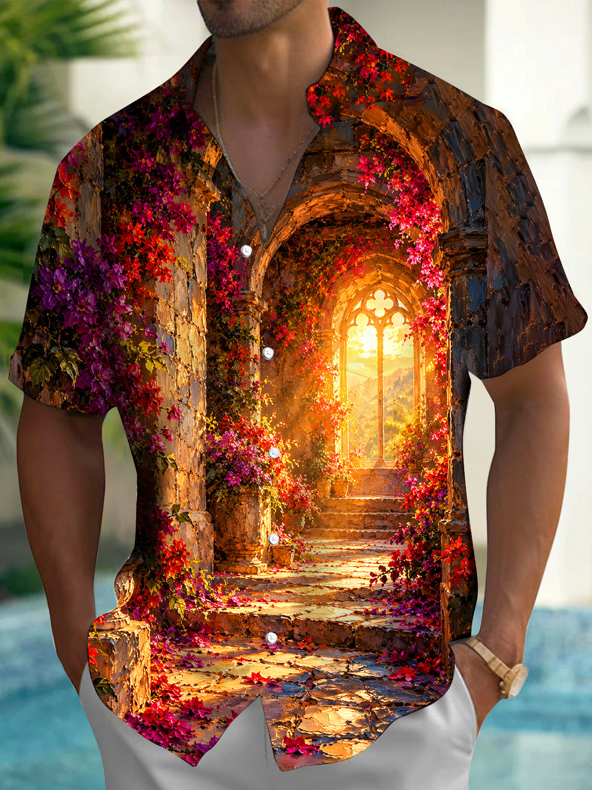 Oceanlyte Men's Hawaiian Floral Archway And Stone Steps Print Short Sleeve Shirt with Chest Pocket