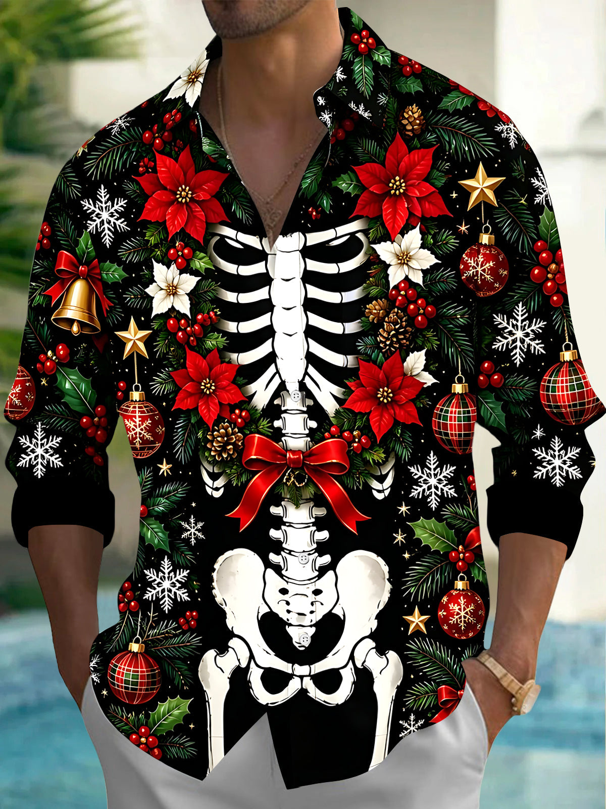 Oceanlyte Men's Skeleton Torso And Christmas Ornaments Print Long Sleeve Shirt with Chest Pocket