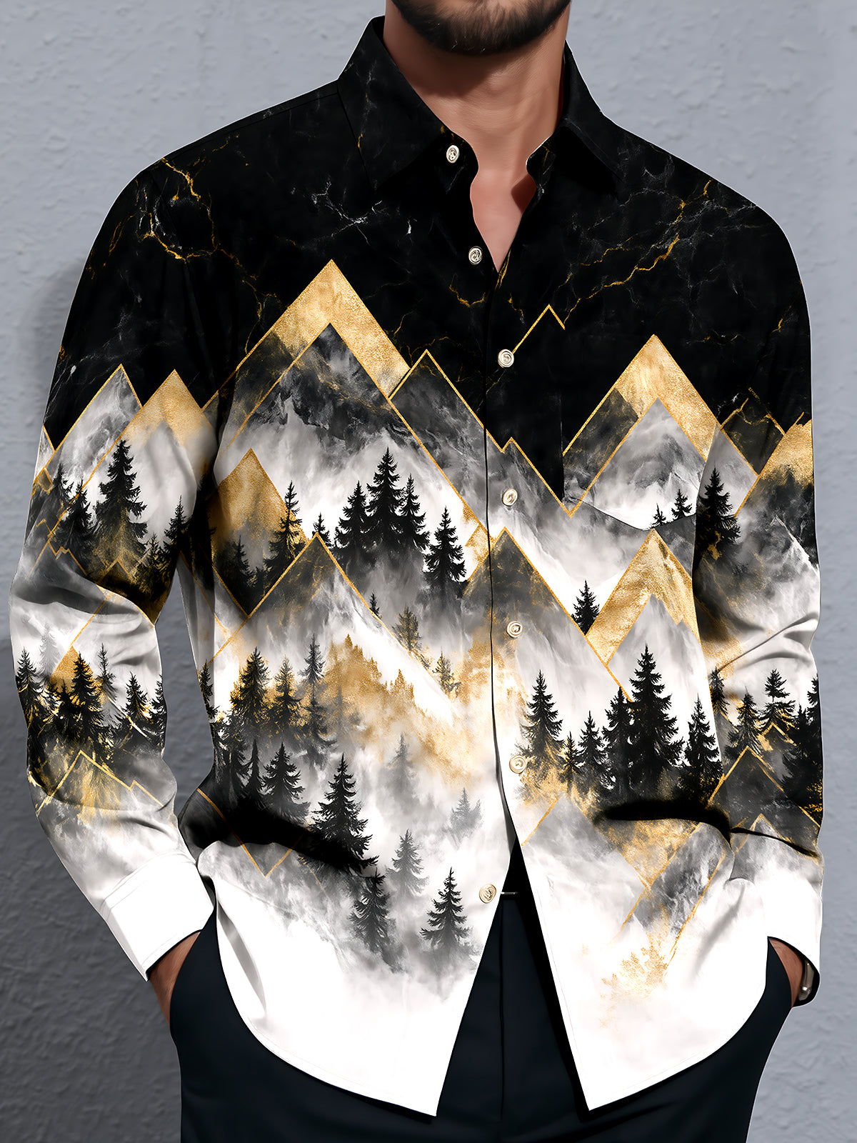 Oceanlyte Men's Geometric Mountains And Forest Trees Print Long Sleeve Shirt with Chest Pocket