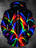 Oceanlyte Men's Long Sleeve Zip-Up Hoodie - Neon Abstract Light Streaks And Starry Background Print with Kangaroo Pocket