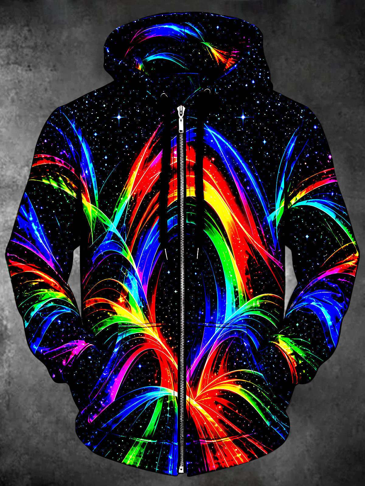 Oceanlyte Men's Long Sleeve Zip-Up Hoodie - Neon Abstract Light Streaks And Starry Background Print with Kangaroo Pocket