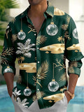 Oceanlyte Men's Christmas Ornaments And Tropical Beach Print Long Sleeve Shirt with Chest Pocket