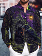 Oceanlyte Men's Graphic Gothic Castle Raven Secret Key Print Long Sleeve Shirt with Chest Pocket