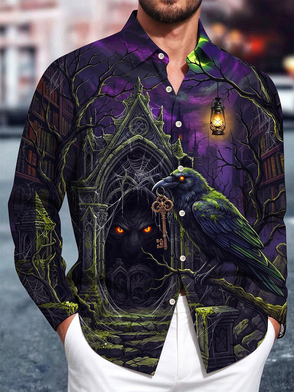Oceanlyte Men's Graphic Gothic Castle Raven Secret Key Print Long Sleeve Shirt with Chest Pocket