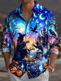 Oceanlyte Men's Halloween Witch And Raven Tea Party Print Long Sleeve Shirt with Chest Pocket