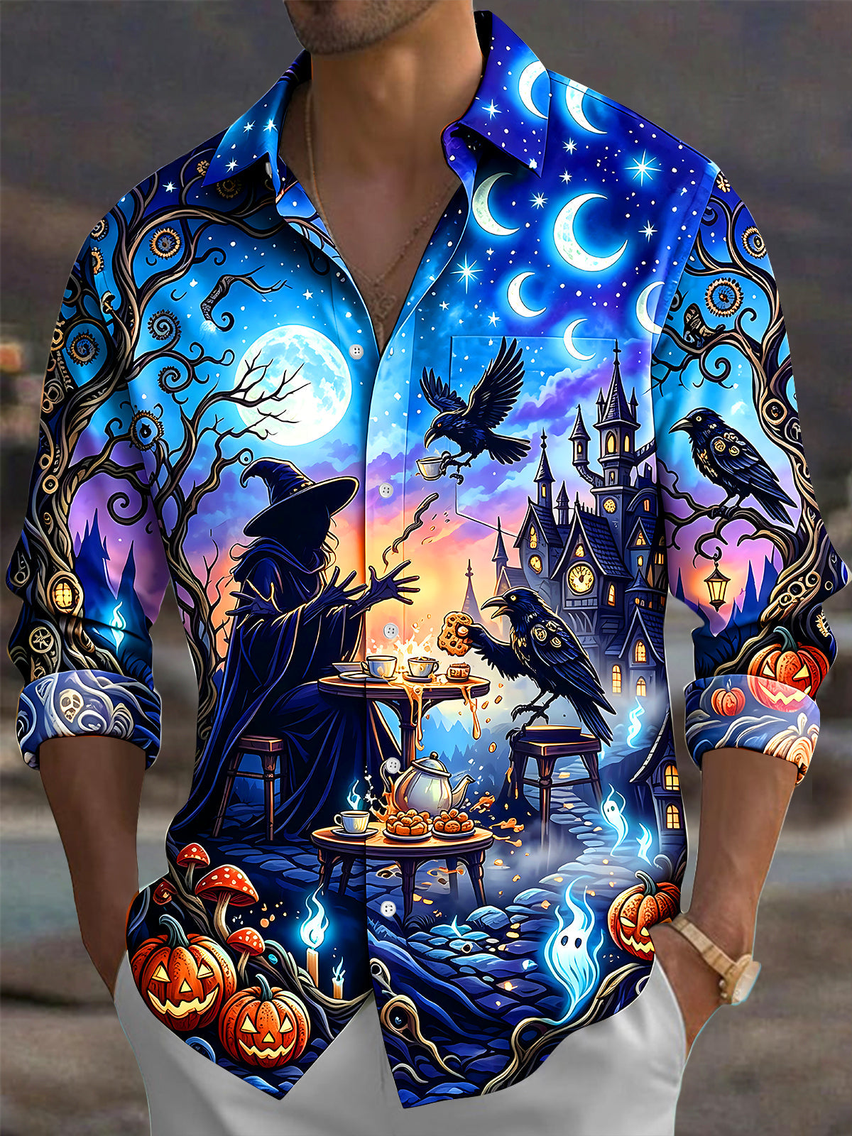 Oceanlyte Men's Halloween Witch And Raven Tea Party Print Long Sleeve Shirt with Chest Pocket