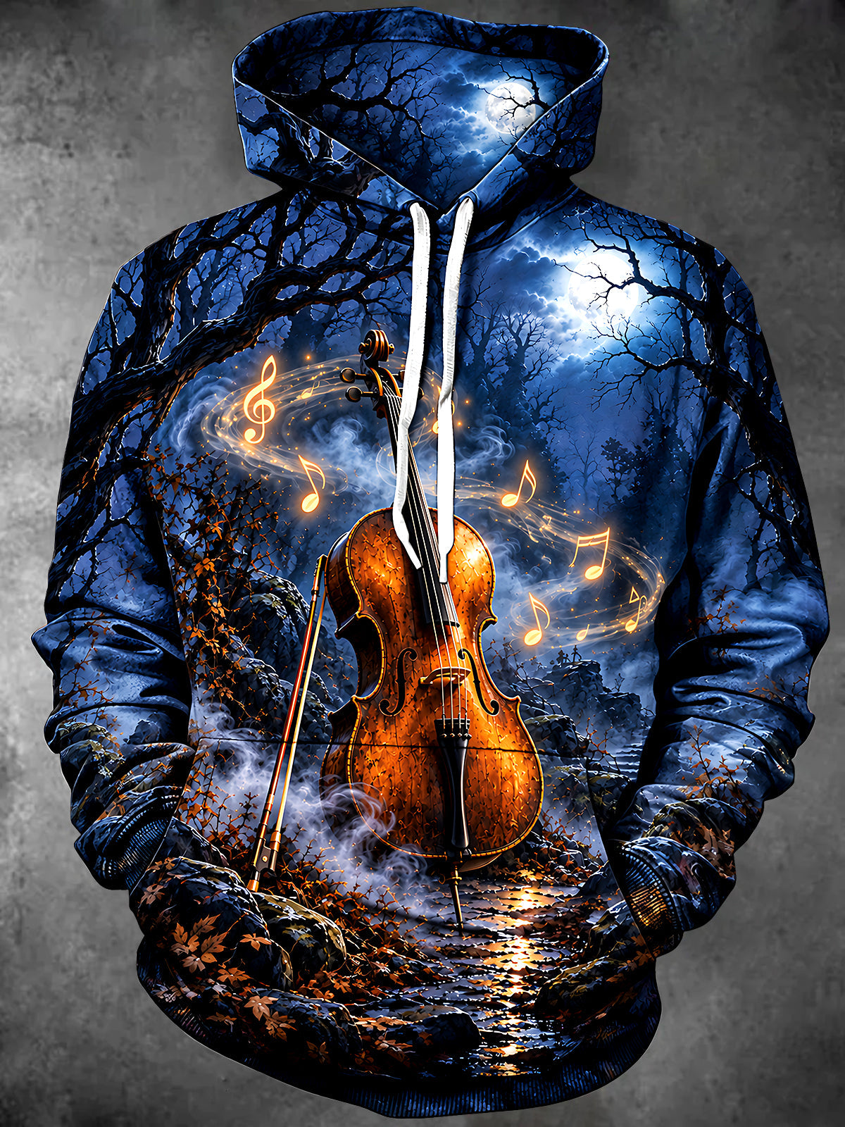Oceanlyte Men's Graphic Violin And Musical Notes Print Long Sleeve Hoodie