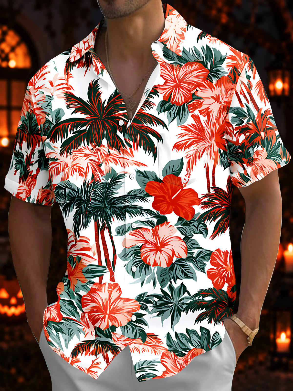 Oceanlyte Men's Palm Trees And Hibiscus Flowers Print Short Sleeve Shirt with Chest Pocket