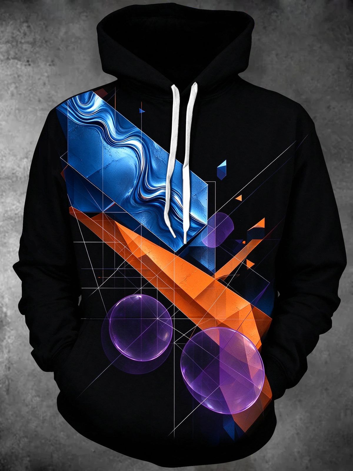 Oceanlyte Men's Long Sleeve Hoodie - Abstract Geometric Shapes And Fluid Waves Print