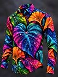 Oceanlyte Men's Neon Colorful Leaves With Water Droplets Print Long Sleeve Shirt with Chest Pocket