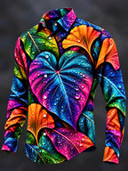Oceanlyte Men's Neon Colorful Leaves With Water Droplets Print Long Sleeve Shirt with Chest Pocket