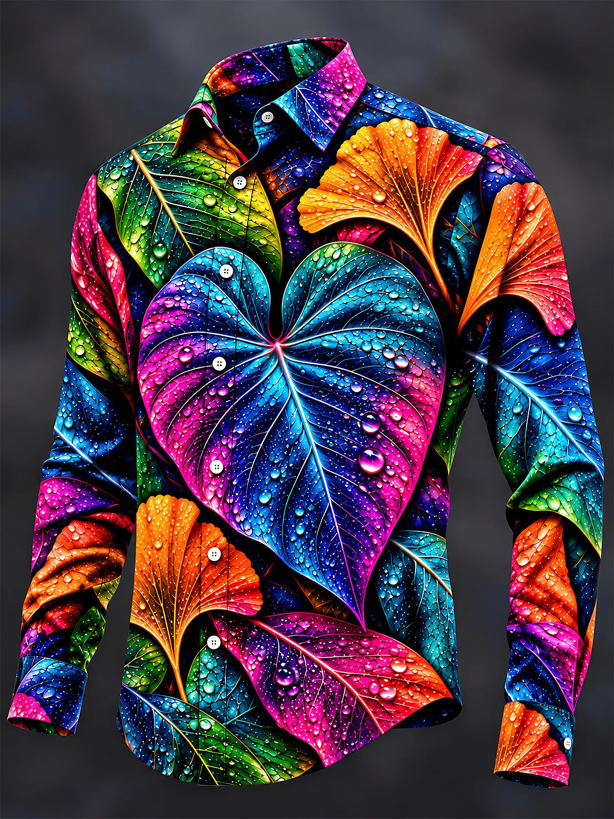 Oceanlyte Men's Neon Colorful Leaves With Water Droplets Print Long Sleeve Shirt with Chest Pocket