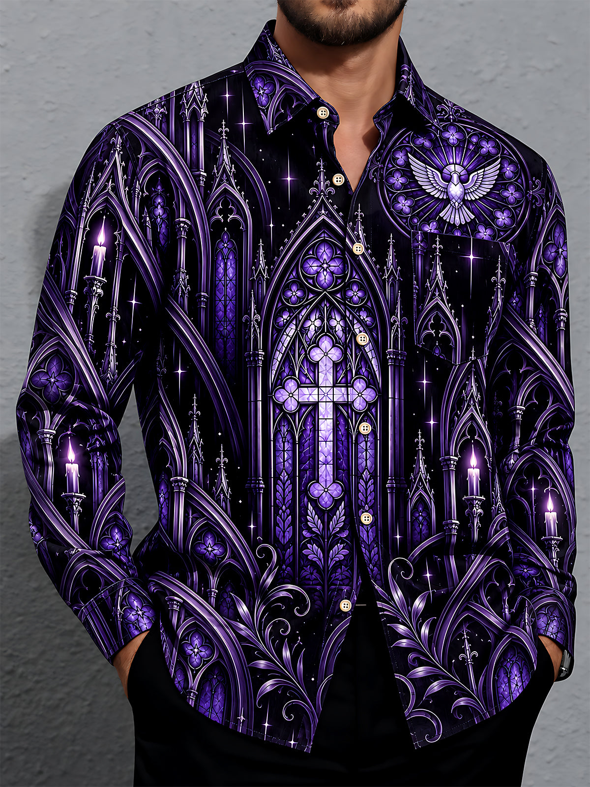 Oceanlyte Men's Long Sleeve Shirt - Gothic Cathedral Stained Glass With Cross And Dove Print with Chest Pocket