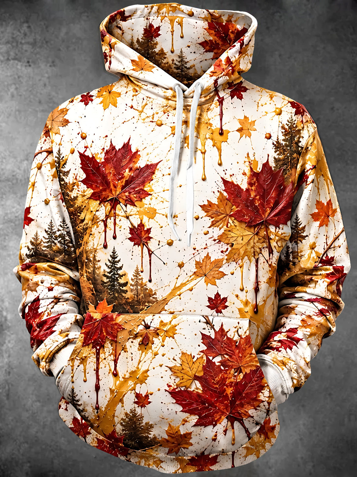 Oceanlyte Men's Long Sleeve Hoodie - Maple Leaves And Pine Trees With Ink Splatter Print