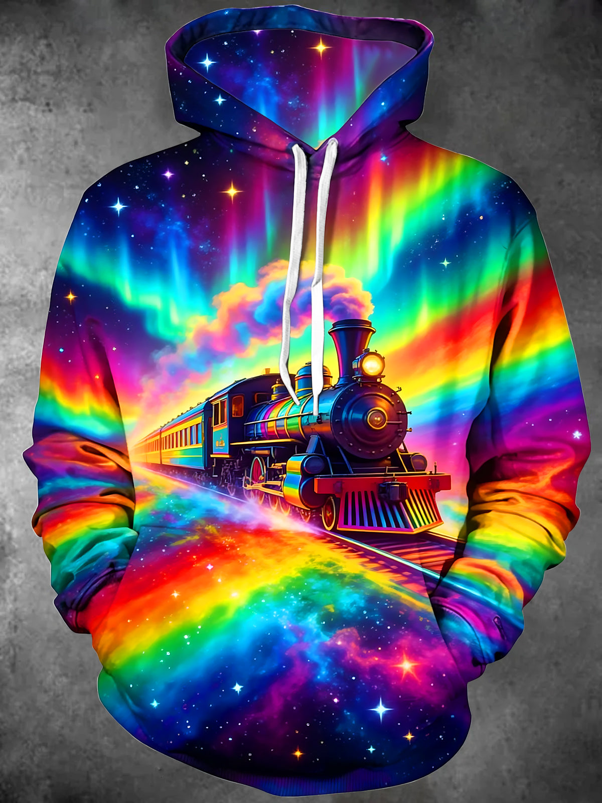 Men's Graphic Colorful Aurora Steam Train Print Long Sleeve Hoodie