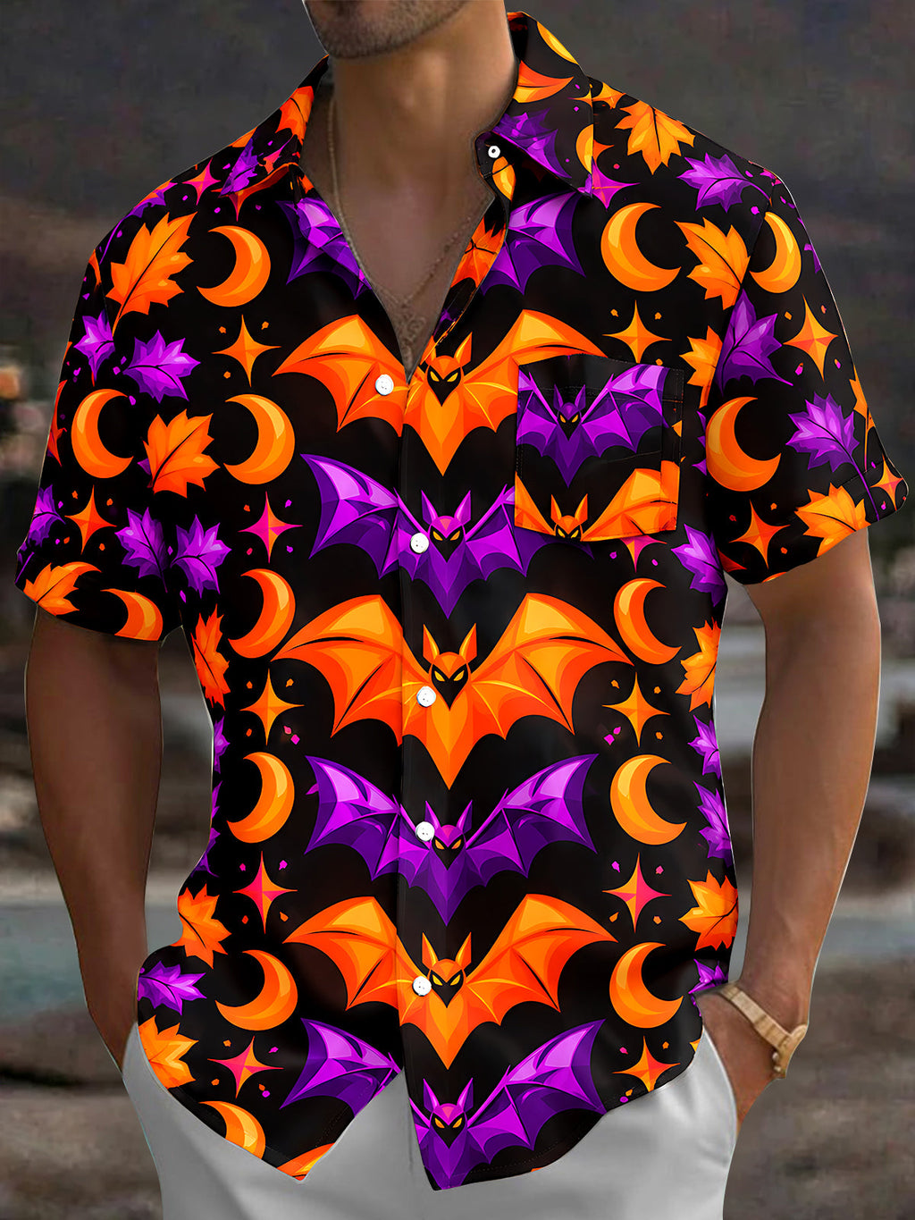 Oceanlyte Men's Halloween Bats And Crescent Moons Print Short Sleeve Shirt with Chest Pocket