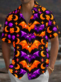 Oceanlyte Men's Halloween Bats And Crescent Moons Print Short Sleeve Shirt with Chest Pocket