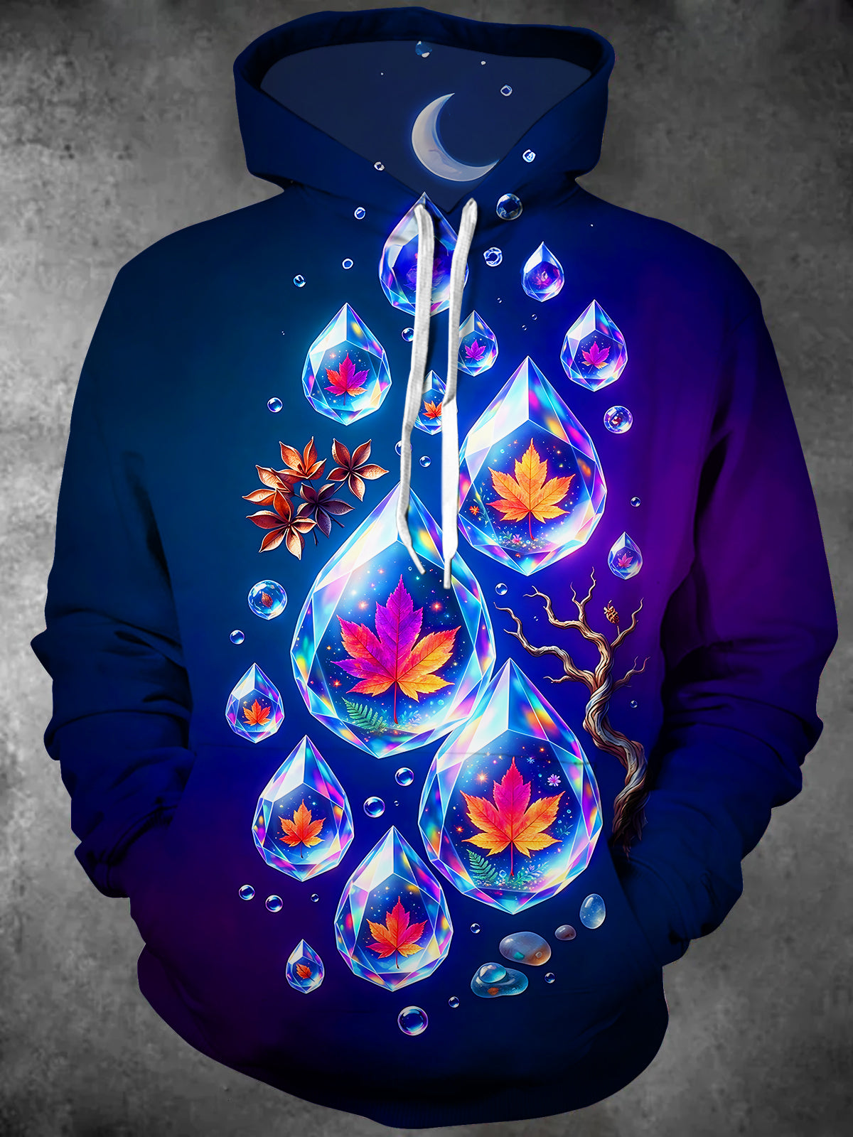 Oceanlyte Men's Long Sleeve Hoodie - Crystal Water Drops With Autumn Maple Leaves Print