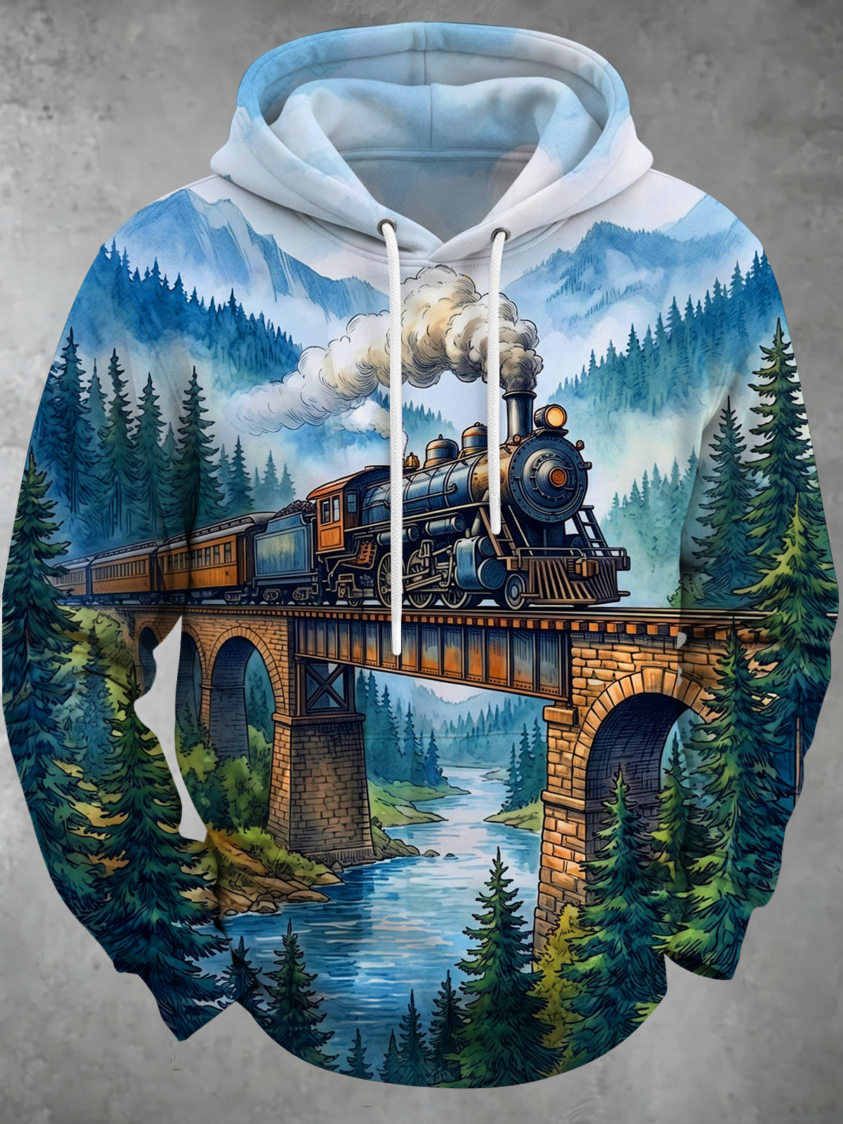 Oceanlyte Men's Graphic Steam Locomotive On Bridge Print Long Sleeve Hoodie