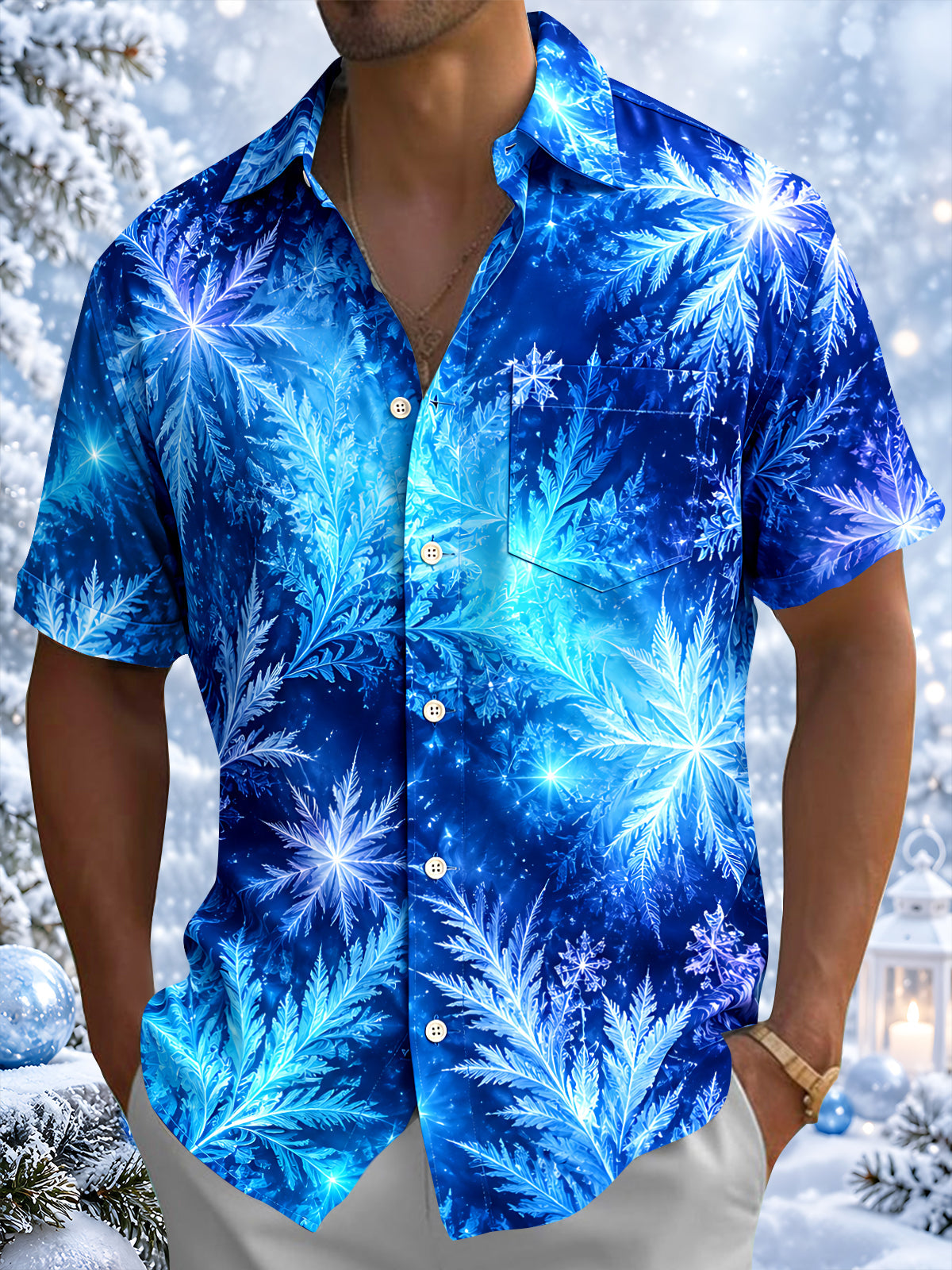 Oceanlyte Men's Printed Snowflakes Print Short Sleeve Shirt with Chest Pocket