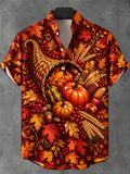 Oceanlyte Men's Short Sleeve Shirt - Thanksgiving Cornucopia With Pumpkins Corn Apples And Maple Leaves Print with Chest Pocket