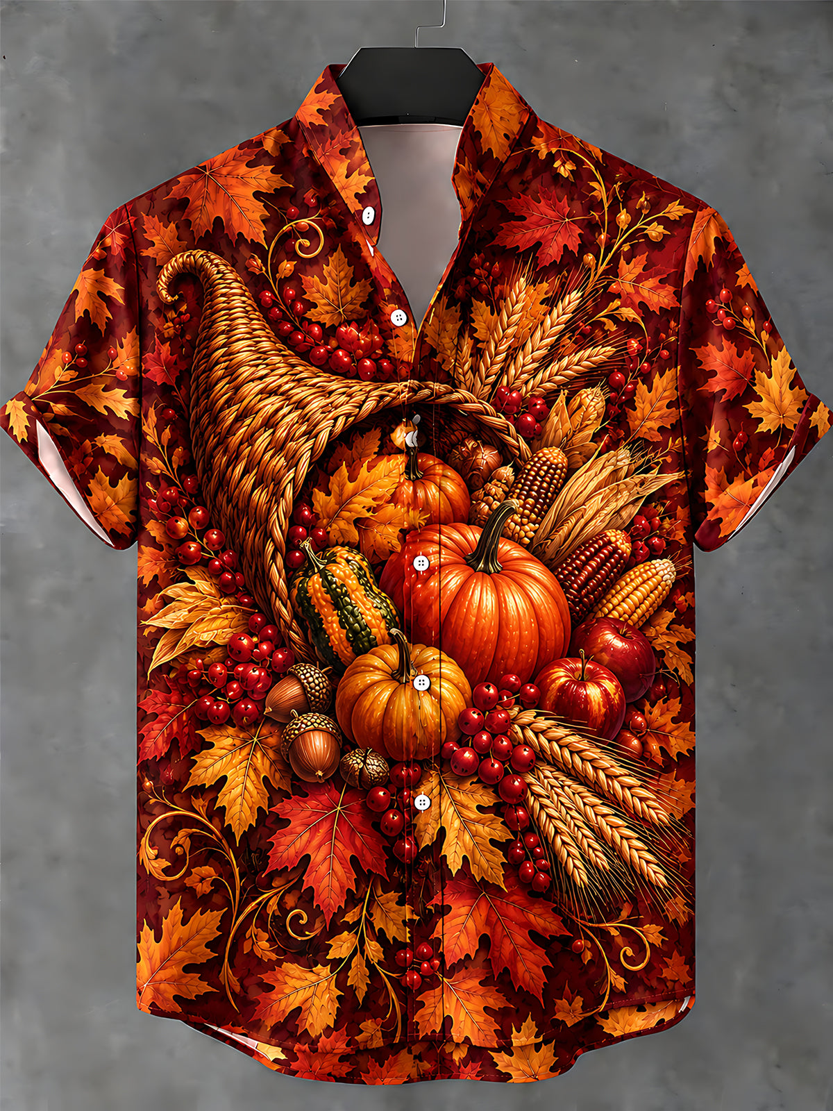 Oceanlyte Men's Short Sleeve Shirt - Thanksgiving Cornucopia With Pumpkins Corn Apples And Maple Leaves Print with Chest Pocket