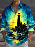 Oceanlyte Men's Hawaiian Lighthouse And Ocean Sunset Print Long Sleeve Shirt with Chest Pocket