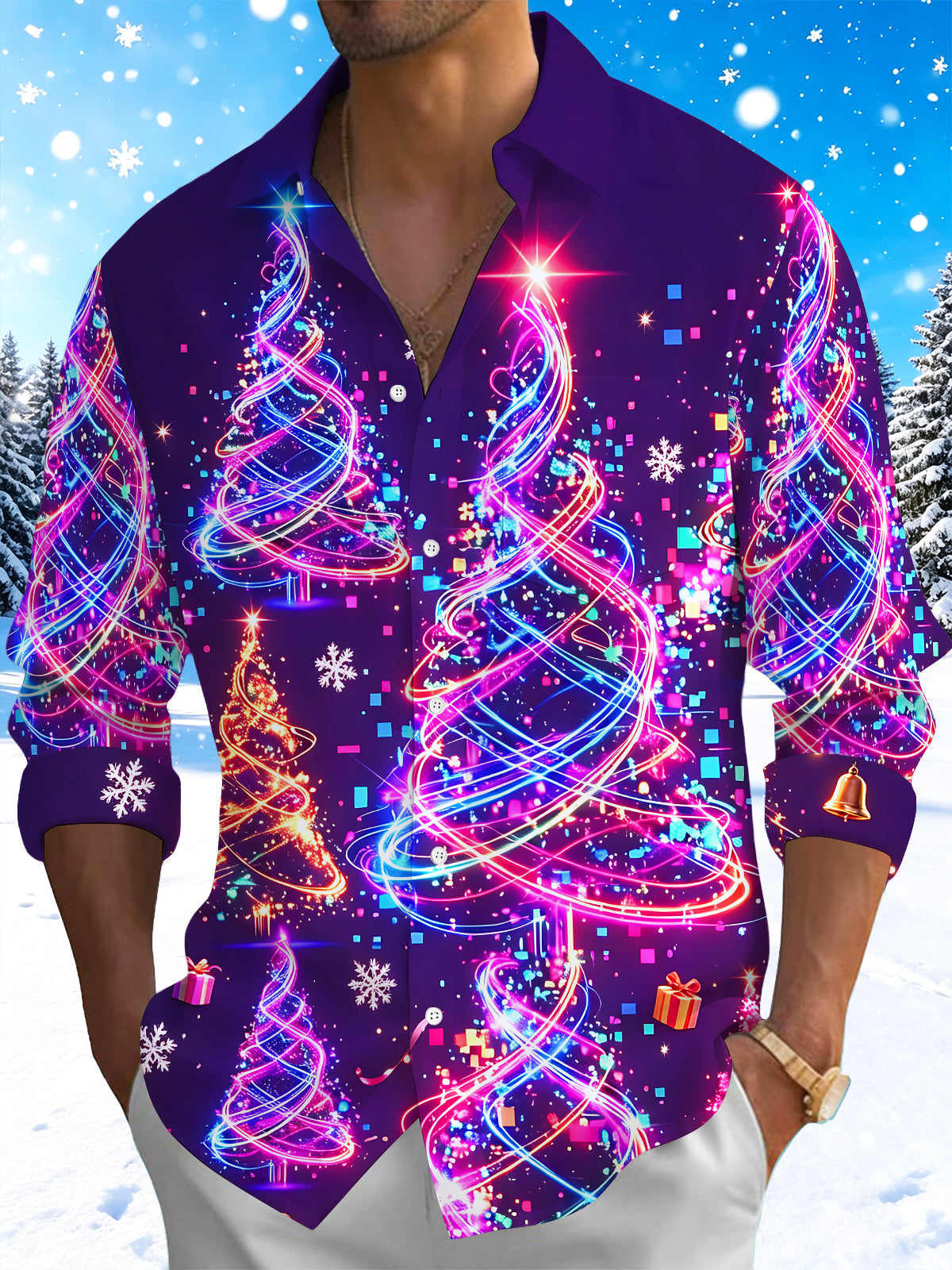 Oceanlyte Men's Graphic Neon Light Christmas Trees Print Long Sleeve Shirt with Chest Pocket