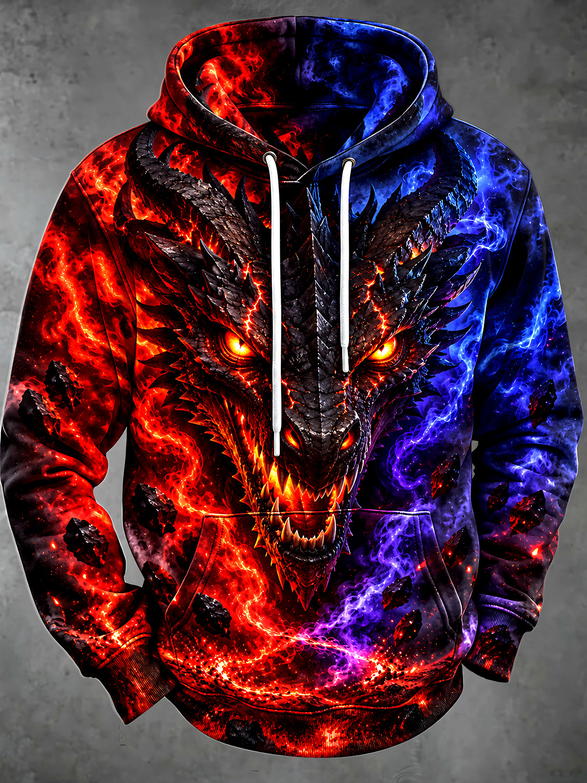 Oceanlyte Men's Dragon Head With Fire And Lightning Print Long Sleeve Hoodie