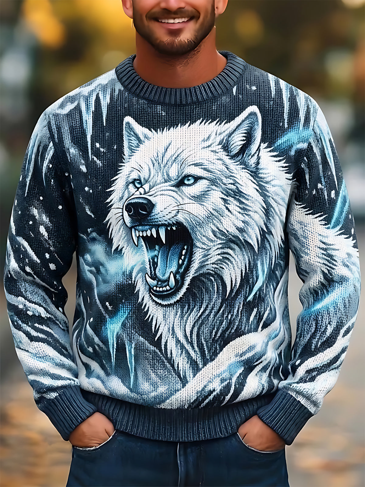 Oceanlyte Men's Howling Wolf With Ice And Snowflakes Print Long Sleeve Sweater