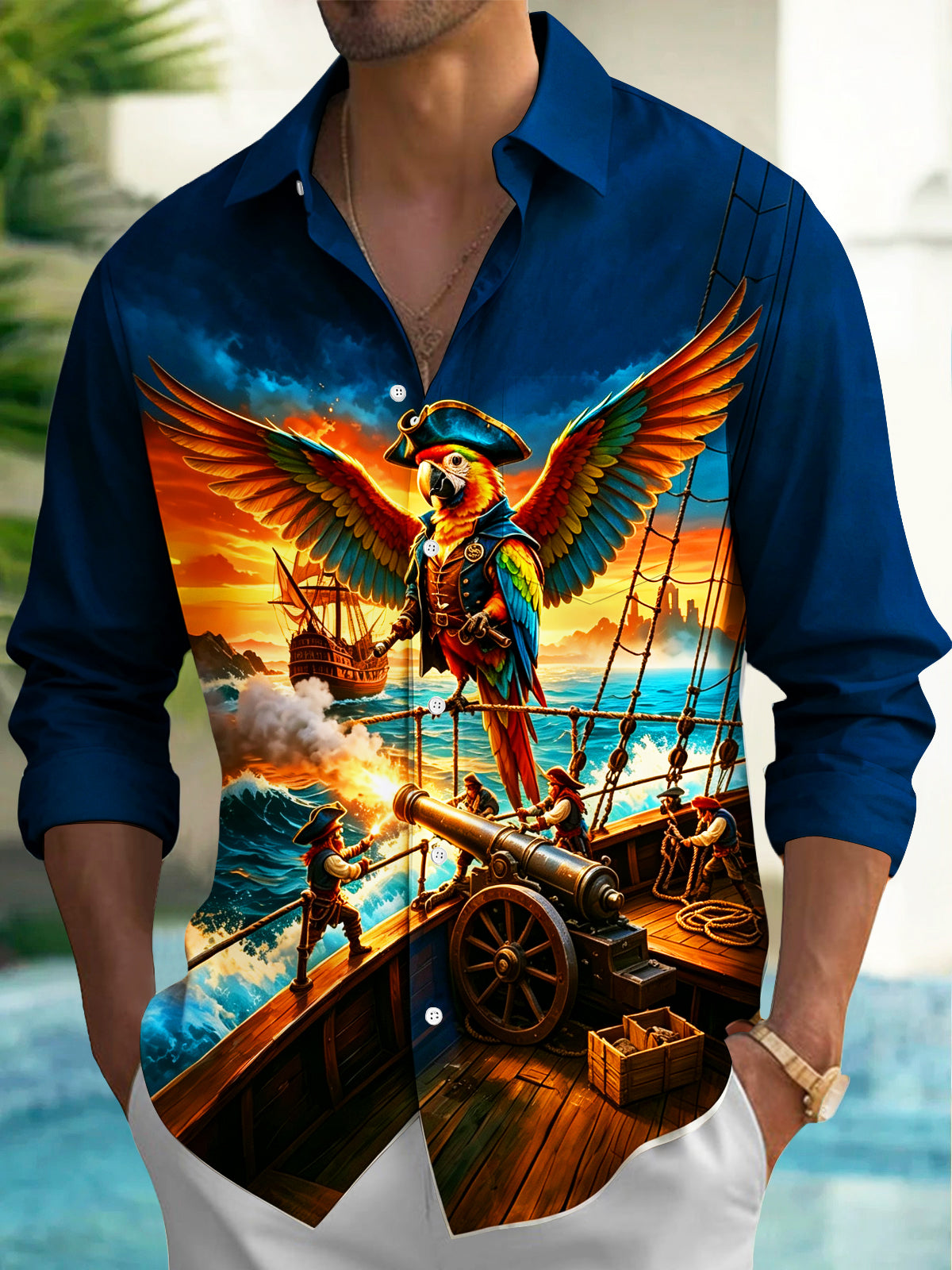 Oceanlyte Men's Graphic Pirate Parrot On Ship Deck Print Long Sleeve Shirt with Chest Pocket