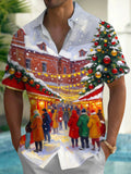 Oceanlyte Men's Short Sleeve Shirt - Christmas Market Scene With Christmas Tree And Ornaments Print with Chest Pocket