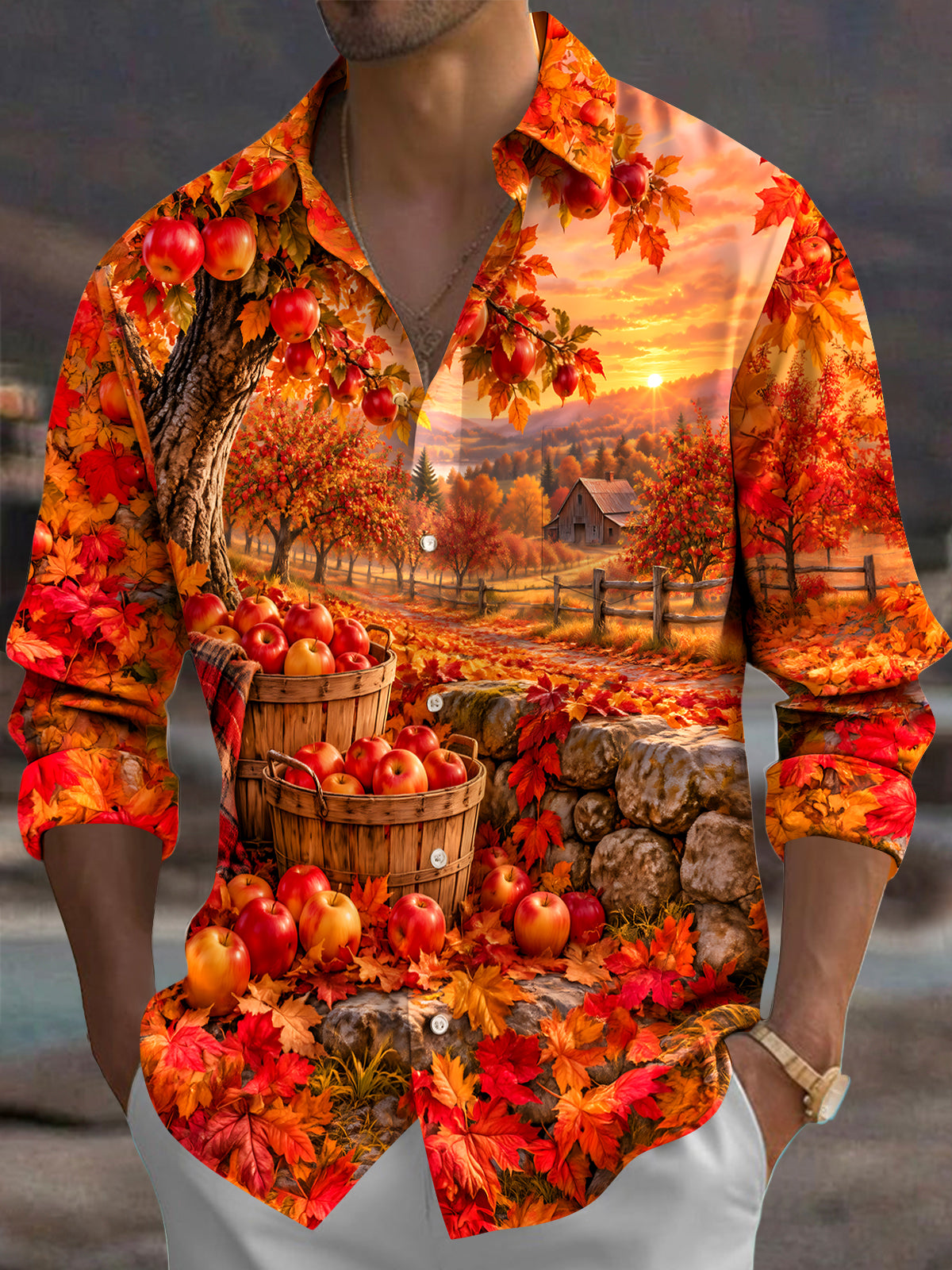 Oceanlyte Men's Printed Autumn Apple Orchard Landscape Print Long Sleeve Shirt with Chest Pocket