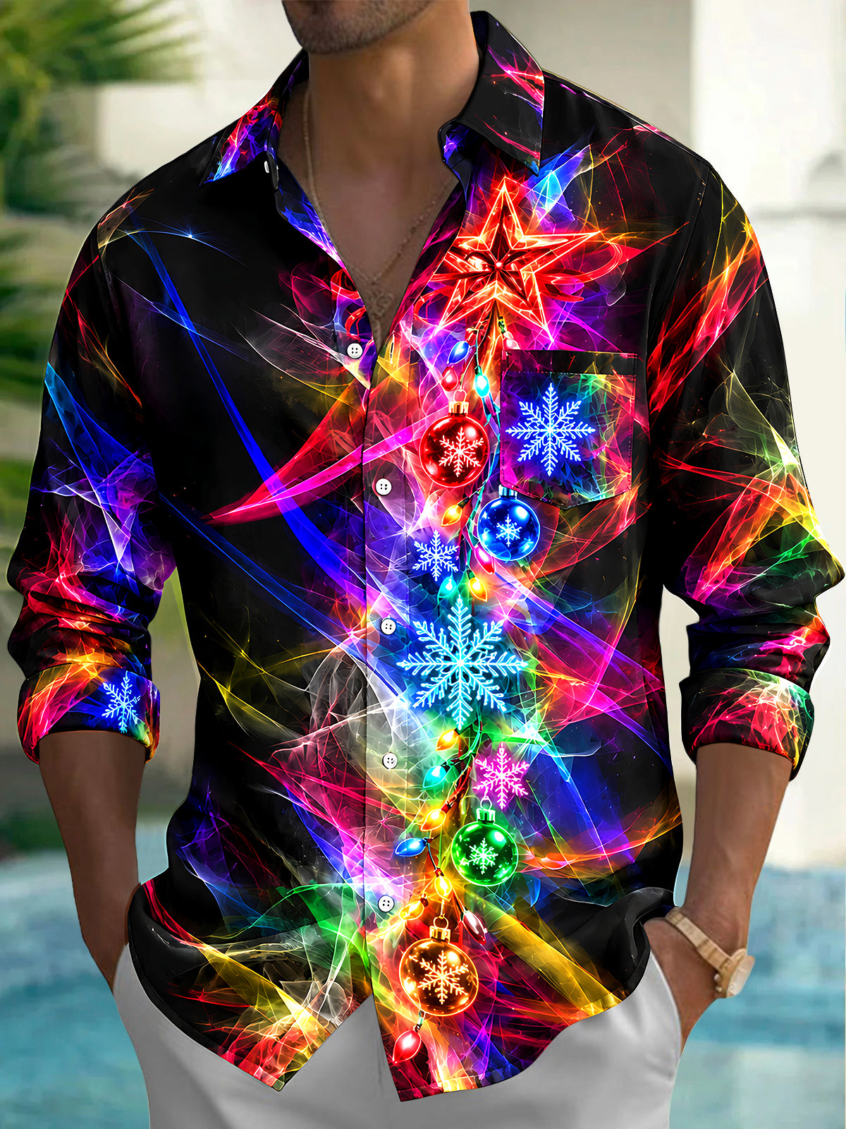 Oceanlyte Men's Christmas Ornaments And Snowflakes Print Long Sleeve Shirt with Chest Pocket