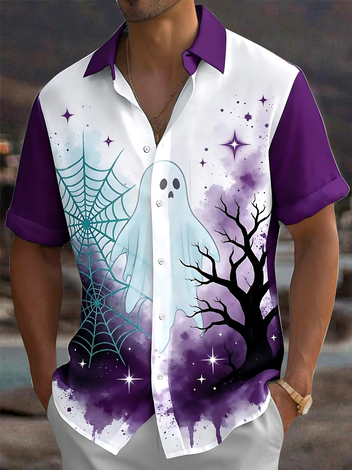 Oceanlyte Men's Graphic Halloween Ghost And Spider Web Print Short Sleeve Shirt with Chest Pocket
