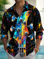 Oceanlyte Men's Long Sleeve Shirt - Bass Guitar Headstock With Paint Splatter Print with Chest Pocket