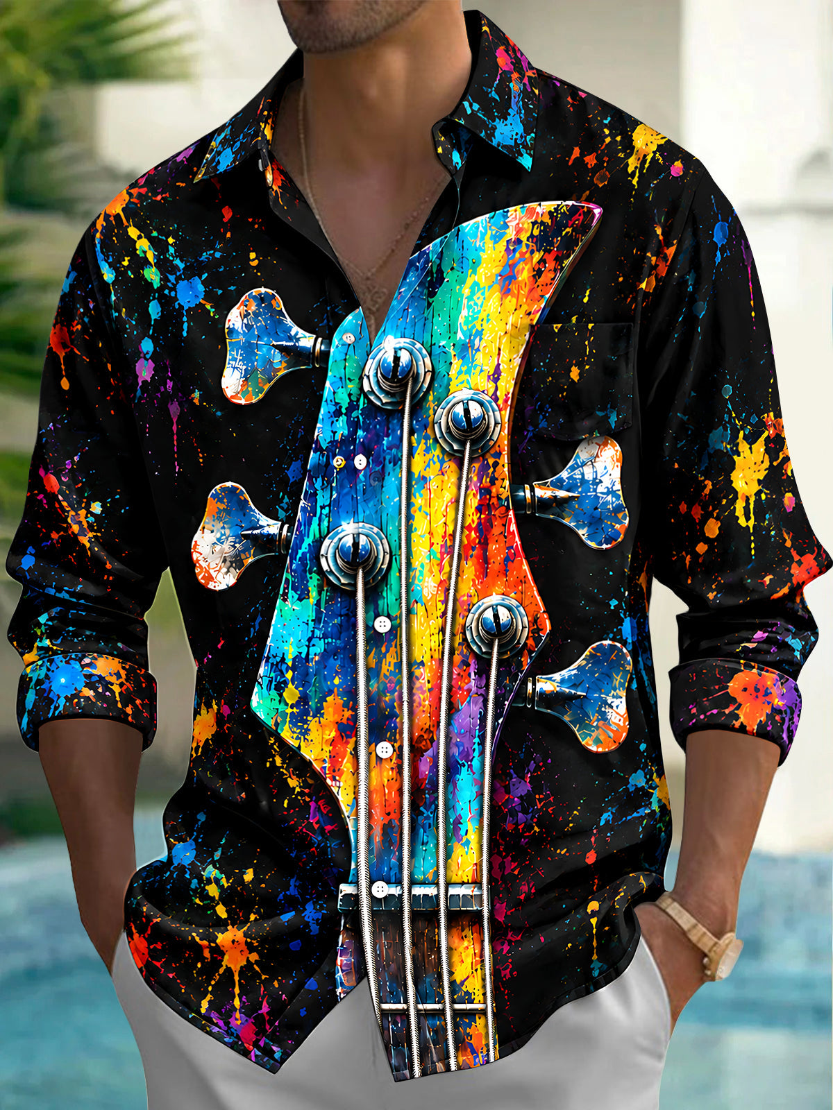 Oceanlyte Men's Long Sleeve Shirt - Bass Guitar Headstock With Paint Splatter Print with Chest Pocket