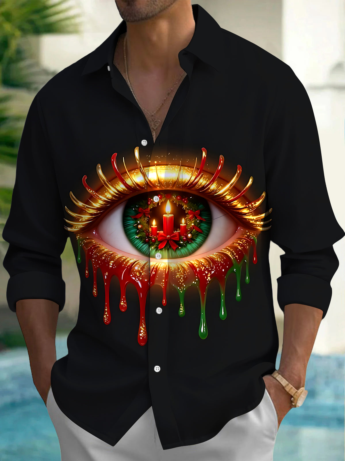 Oceanlyte Men's Christmas Eye With Candles And Wreath Print Long Sleeve Shirt with Chest Pocket