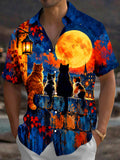 Oceanlyte Men's Short Sleeve Shirt - Cats On Wall With Moon And Autumn Leaves Print with Chest Pocket