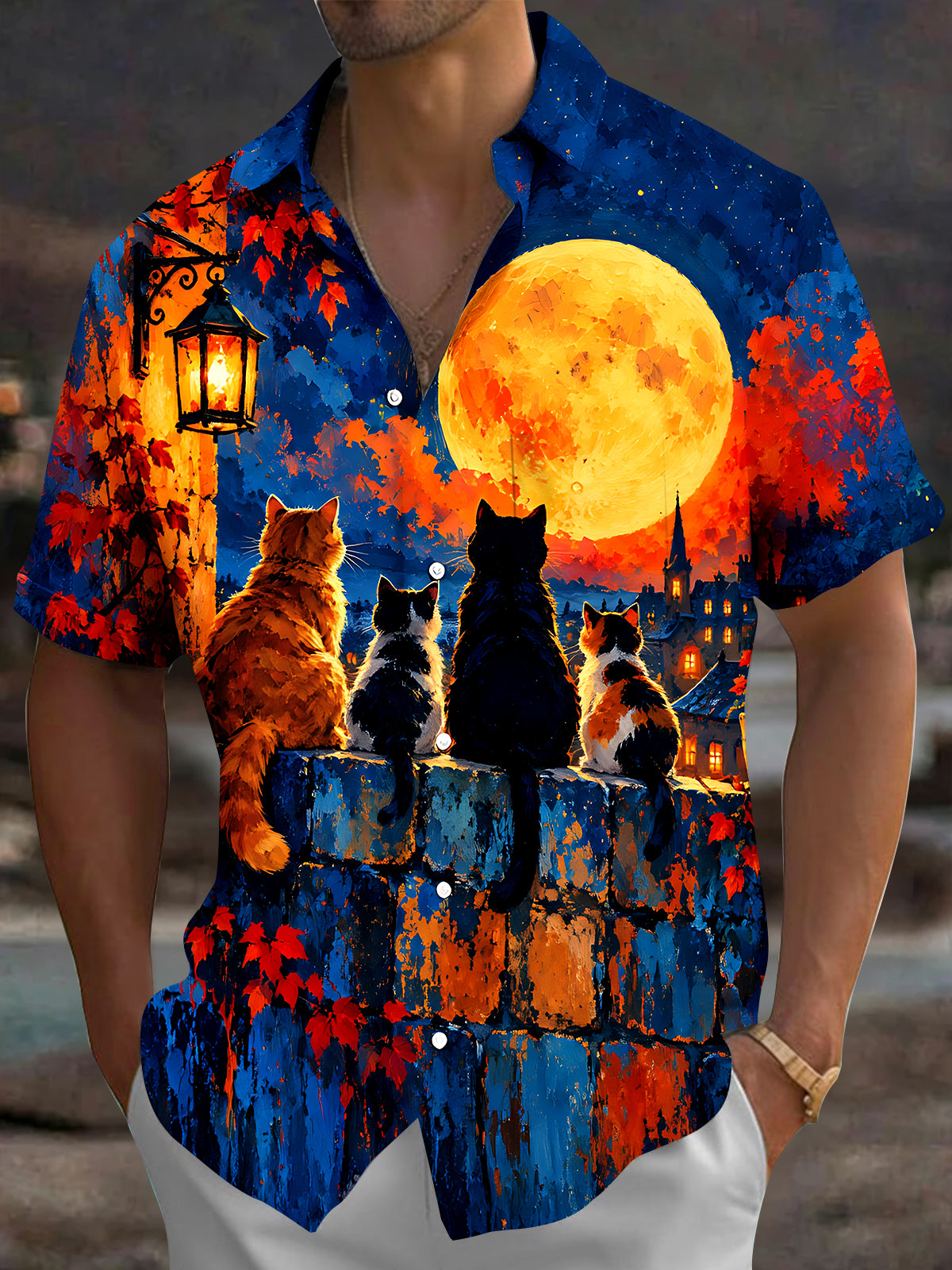 Oceanlyte Men's Short Sleeve Shirt - Cats On Wall With Moon And Autumn Leaves Print with Chest Pocket