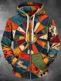 Oceanlyte Men's Long Sleeve Zip-Up Hoodie - Colorful Patchwork Geometric Sunburst Print
