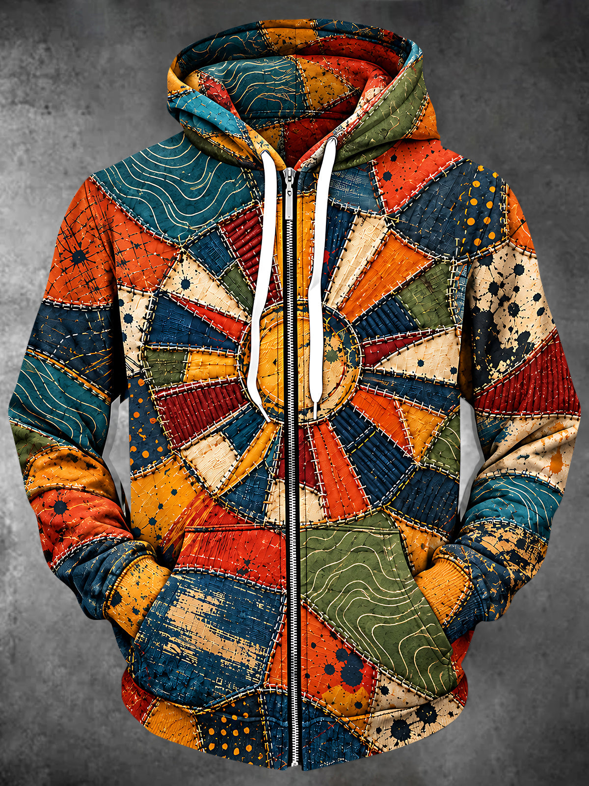 Oceanlyte Men's Long Sleeve Zip-Up Hoodie - Colorful Patchwork Geometric Sunburst Print